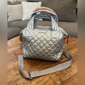 MZ Wallace Small Sutton Handbag Silver Metallic Quilted Crossbody Strap